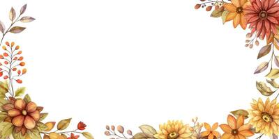 Fall flower horizontal banner frame with watercolor blossom and branch of leaves. Hand drawn floral edged template in rustic style. Perfect for autumn botanical invitation and card designs. vector