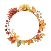 Autumn round frame with watercolor flower and twig and copy space. Hand drawn floral edge template in rustic style. Perfect for fall botanical invitation and card designs. vector