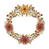 Fall flower wreath with watercolor Aster and branch of leaf. Hand drawn floral frame with blooming in rustic style with red color. Perfect for autumn botanical invitation and card designs. vector