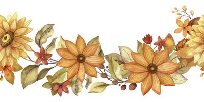 Seamless border with autumn watercolor flower and leaf. Hand drawn floral curve arrangement with blooming in rustic style and orange color. Perfect for fall botanical frame and card designs. vector