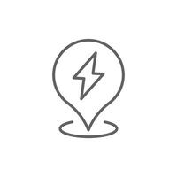 Electric station pin icon. Simple outline style. Map pin with lightning, charge point, station, electric vehicle, technology concept. Thin line symbol. Isolated. Editable stroke. vector