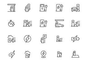 Car charging station icon set. Simple outline style. Electric socket station, car plugged to charge, battery, technology concept. Thin line symbol. Isolated. vector