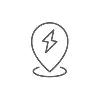 Electric station pin icon. Simple outline style. Map pin with lightning, charge point, station, electric vehicle, technology concept. Thin line symbol. Isolated. Editable stroke. vector