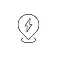 Electric station pin icon. Simple outline style. Map pin with lightning, charge point, station, electric vehicle, technology concept. Thin line symbol. Isolated. Editable stroke. vector