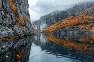 Autumn Landscape with Cliffs and Reflective Lake photo