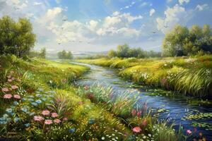Sunny Meadow with Flowing Stream photo