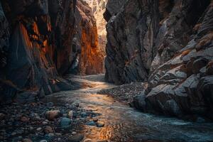 A river runs through a canyon with a rocky shoreline photo