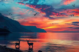Sunset Over Lake with Deer and Birds photo