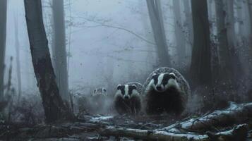 Badgers in a Foggy Forest photo
