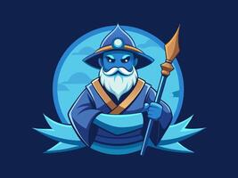 Old wizard and reading spell book on white background. Warlock, sorcerer, old beard man in blue wizards robe, hat. vector