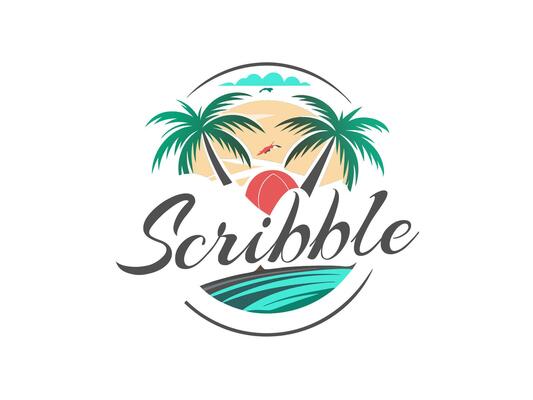 Scribble Beach Time Logo illustration with Coconut Trees