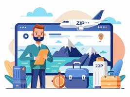 People Travel Concept with Tiny Character. Tourist going in vacation with suitcases and smartphone Standing Next to Globe World Map, Global Communications Flat illustration. Online holiday. vector