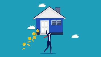 a man is carrying a house with money falling from it vector