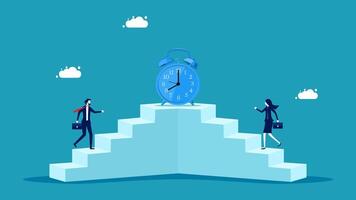 business people running up stairs to reach the top of the stairs with an alarm clock vector