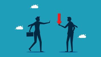 two businessmen are arguing over an arrow pointing down vector