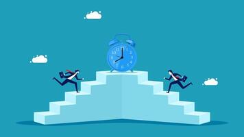 business people running up stairs to reach the top of the stairs with an alarm clock vector