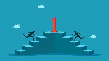 two people are running up the stairs to reach the top of the stairs vector