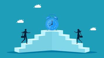 business people running up stairs to reach the top of the stairs with an alarm clock vector