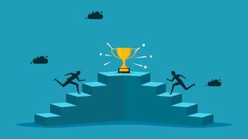 businessman running up the stairs to get the trophy vector