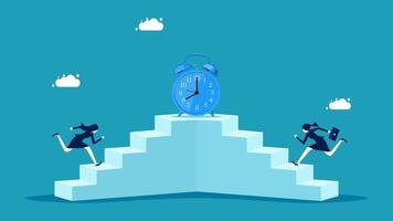 business people running up the stairs to reach the top of the stairs with an alarm clock vector