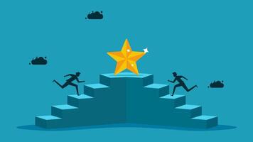 business people running up the stairs to reach the top of the ladder to get a star vector