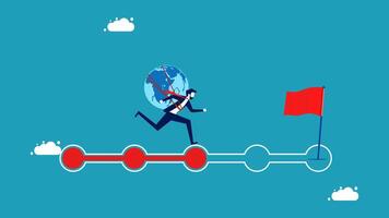 businessman running on a red arrow with a globe on it vector