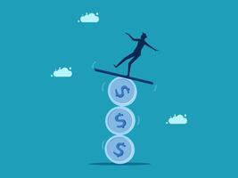 businessman balancing on coins on top of a stack of money vector