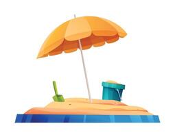 Sandbox with bucket and umbrella, perfect for beach or playground fun. Cartoon illustration vector