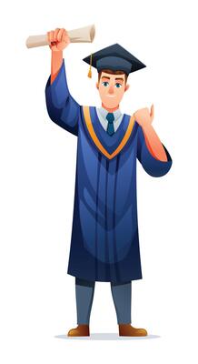 Happy male graduate raising diploma in academic cap and gown, celebrating achievement. Cartoon character illustration