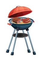 Barbecue grill with steak and sausages on the grill, open lid. Illustration isolated on white background vector