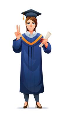 Female graduate holding diploma and making peace sign in academic cap and gown. Cartoon illustration