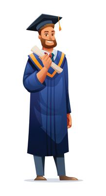 Male graduate holding diploma, wearing academic cap and gown, smiling confidently. Cartoon illustration