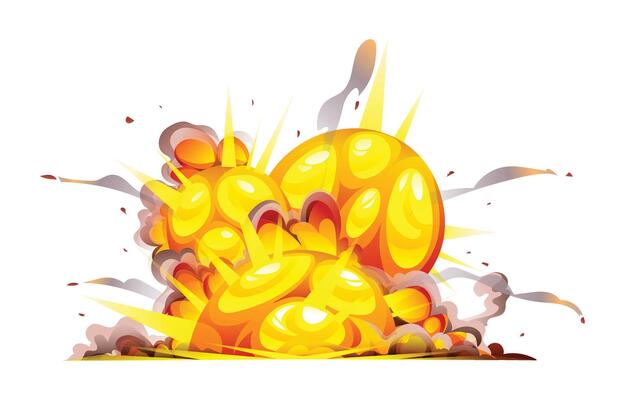 Bomb explosion with bright flames and thick smoke, expanding outward. Cartoon illustration