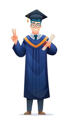 Male graduate holding diploma and making peace sign in academic cap and gown. Cartoon illustration