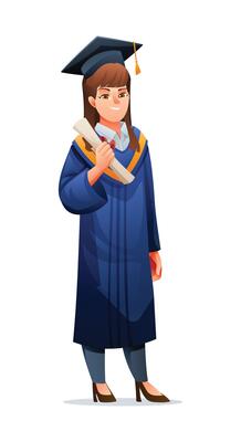 Happy female graduate holding diploma with confidence in cap and gown. Cartoon illustration