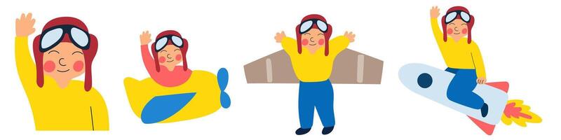 Set of icons. Boy play in pilot. Flat design. illustrations on white background. vector