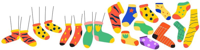 Collection of colorful socks. Flat design. Hand drawn illustration on white background. vector