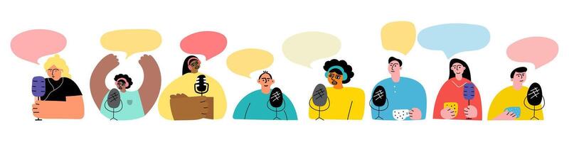 Podcasters. Collection of hand drawn illustrations. Flat design. Graphic design on white background. vector