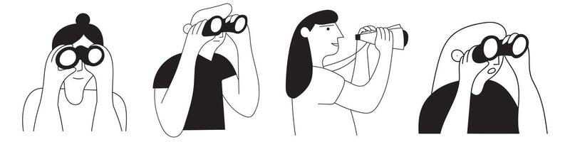 Collection of icons of people who looking through binoculars. Outline illustrations on white background. vector