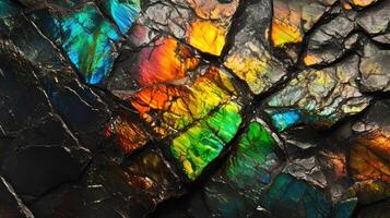 Polished ammolite with vibrant rainbow hues and intricate fractures. photo