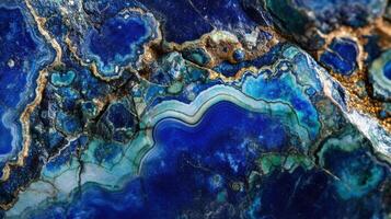 Polished azurite surface captured in a macro shot, highlighting intricate patterns. photo