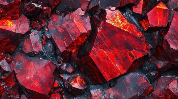 Close-up of cinnabar crystal revealing its intense red color and intricate geometric formations photo