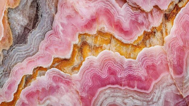 Polished rhodochrosite crystal highlighted in a macro shot, capturing its vivid pink hues. photo