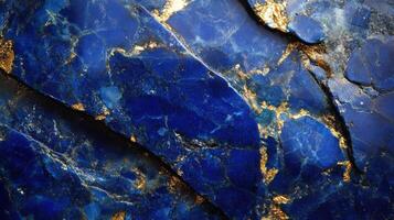 Macro shot of lazurite highlighting its bold blue and sparkling gold inclusions. photo