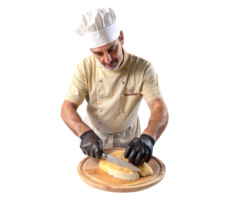 Baker slicing loaf of bread on cutting board with cheese png