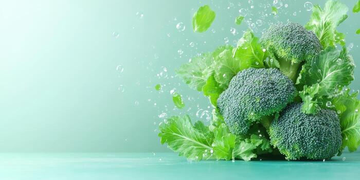 Fresh Green Broccoli Splashes in Water on a Teal Background photo