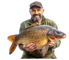 Man holding large carp fish with a proud smile on transparent background png