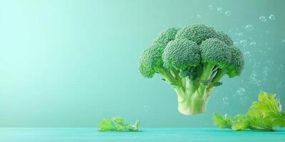 A Single Broccoli Floats with Bubbles Against a Mint Background photo