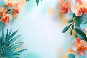 Pastel Peach Orchids and Green Leaves Border a Light Blue Background photo