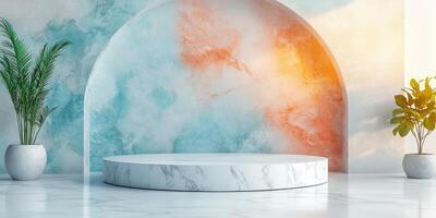 Marble Pedestal with Plants and a Blue and Orange Background photo